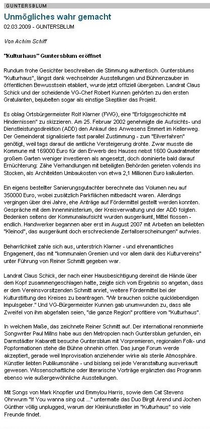 Artikel Allgemeine Zeitung, 
    Landskrone vom 2.3.2009