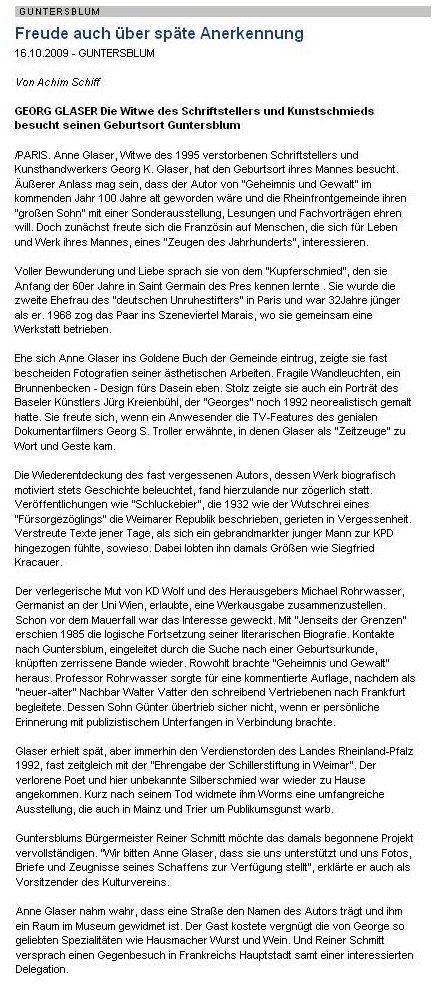 Artikel aus der Allgemeinen Zeitung, Landskrone
       vom 16.10.2009 zum Besuch der Mme Glaser in Guntersblum