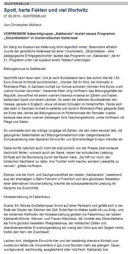 Artikel Allgemeine Zeitung, Landskrone vom 7.9.2010