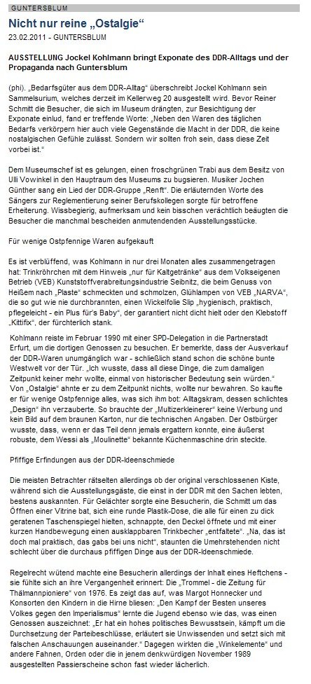 Artikel aus der Allgemeinen Zeitung, Landskrone vom 23. Februar 2011