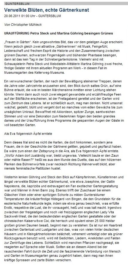 Artikel aus der Allgemeinen Zeitung, Landskrone vom 20. Juni 2011