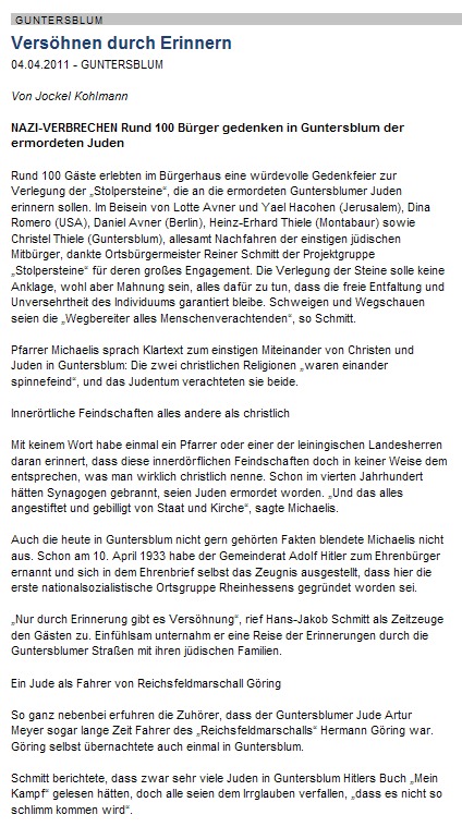 Artikel aus der Allgemeinen Zeitung, Landskrone vom 4. April 2011