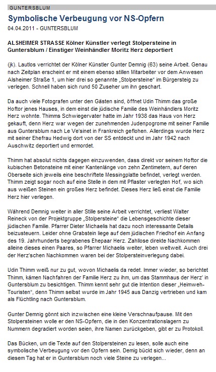 Artikel aus der Allgemeinen Zeitung, Landskrone vom 4. April 2011