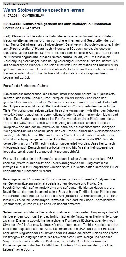 Artikel aus der Allgemeinen Zeitung, Landskrone vom 1. Juli 2011