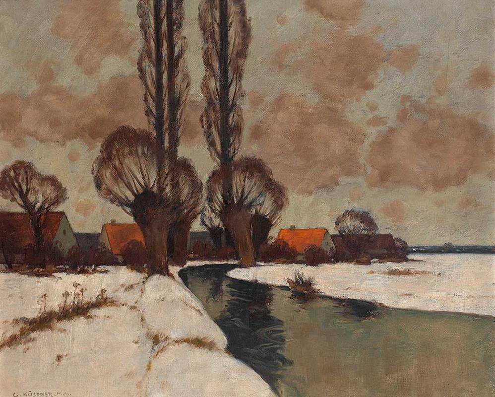 Winterliche Flusslandschaft mit Gehöften von Carl Küstner in Guntersblum