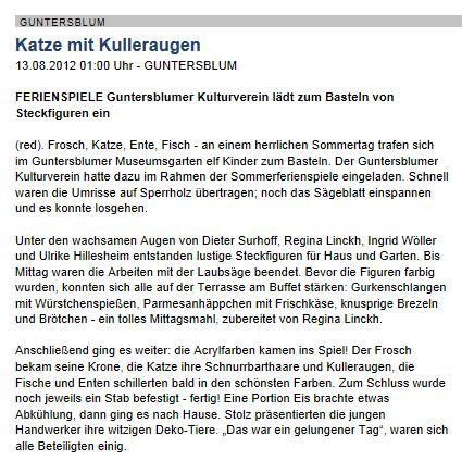 Artikel vom 13.8.2012 aus der Allgemeinen 
        Zeitung, Landskrone