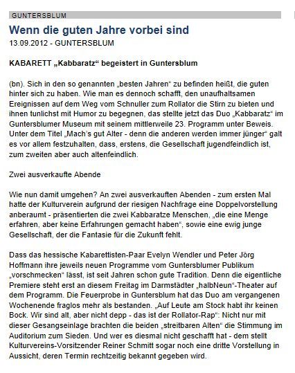 Artikel aus der Allgemeinen Zeitung, 
        Landskrone vom 13. September 2012