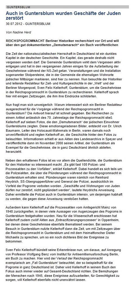 Artikel aus der Allgemeinen Zeitung, 
        Landskrone vom 30. Juli 2012