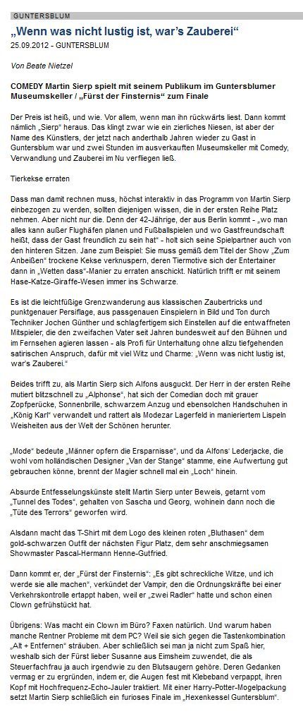 Artikel aus der Allgemeinen Zeitung, Landskrone vom 25. 
          September 2012