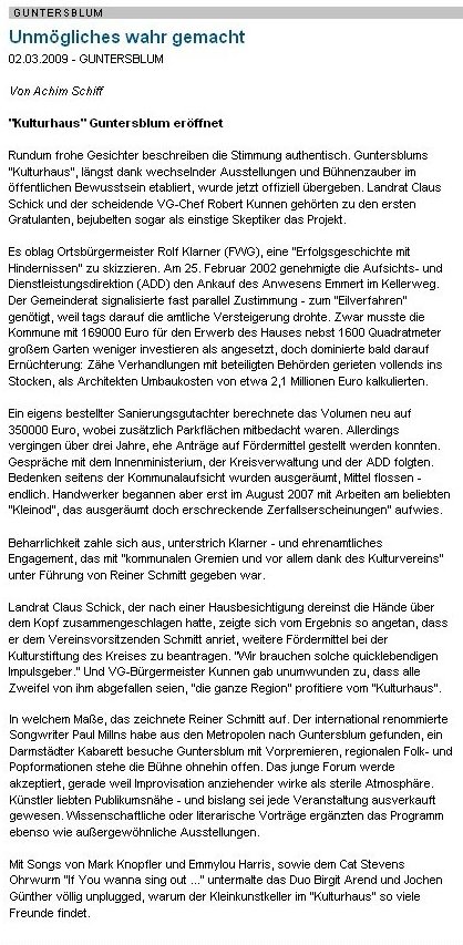 Artikel aus der Allgemeinen Zeitung, Landskrone vom 2. März 2009