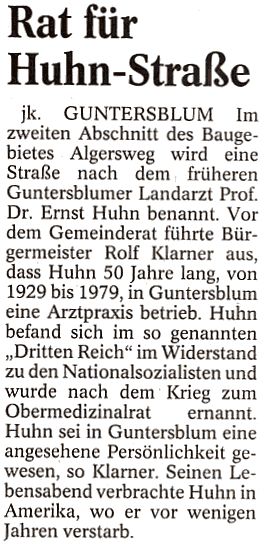 Artikel Ratsbeschluss zur Dr. Huhn Straße